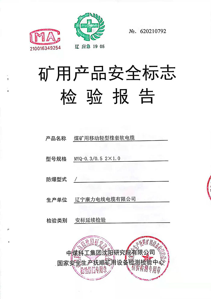 礦用產品安全標志檢驗報告